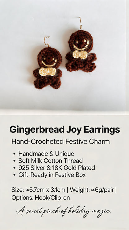Gingerbread Joy Earrings | Hand-Crocheted Festive Charm | 925 Sterling Silver Plated with 18K Gold | Sweet Holiday Gift